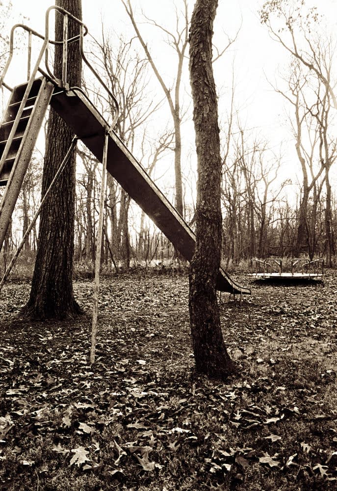 A forgotten metal slide and merry-go-round surrounded by barren trees and a featureless sky. Rendered in monochrome.