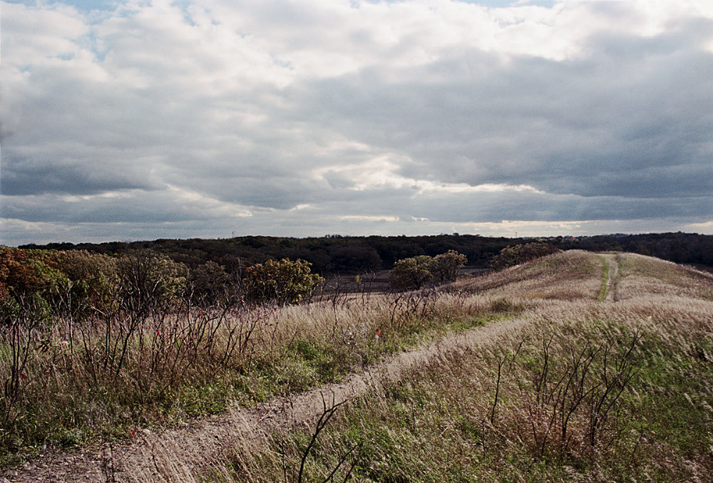 Billowing prairie plants atop a massive kame, with the kame sloping into distant forests and a wealth of autumn colors visible beneath approaching storm clouds.