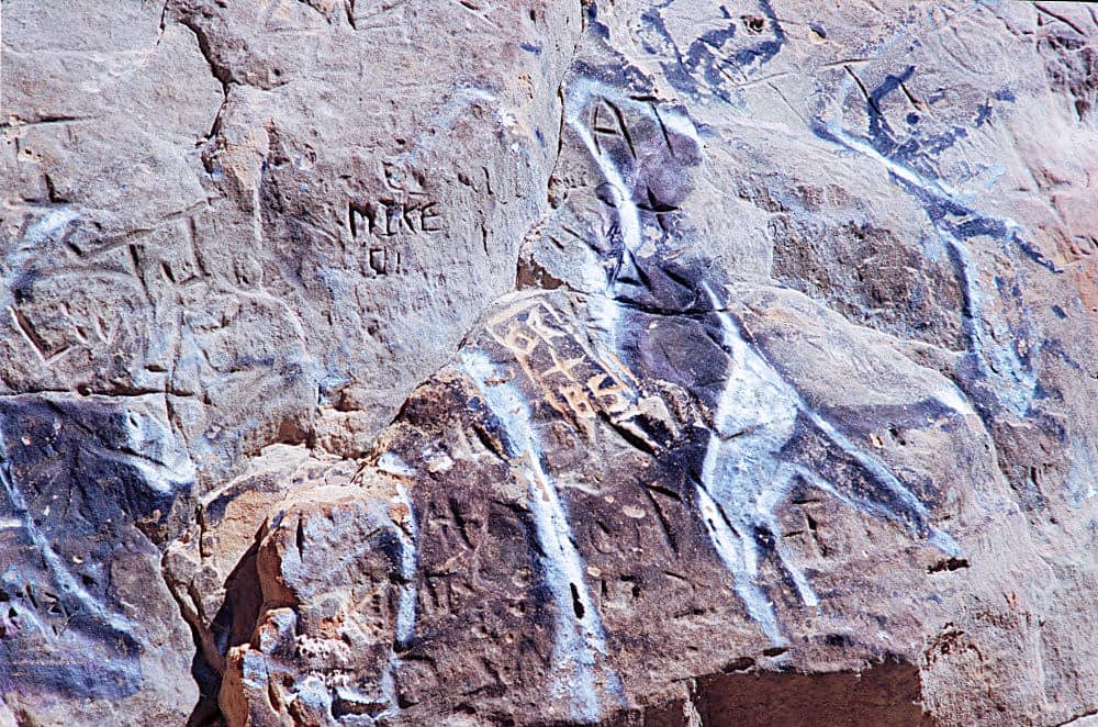 Names and other inscriptions carved into a colorful sandstone bluff, offset by the graffiti of dancing figures.