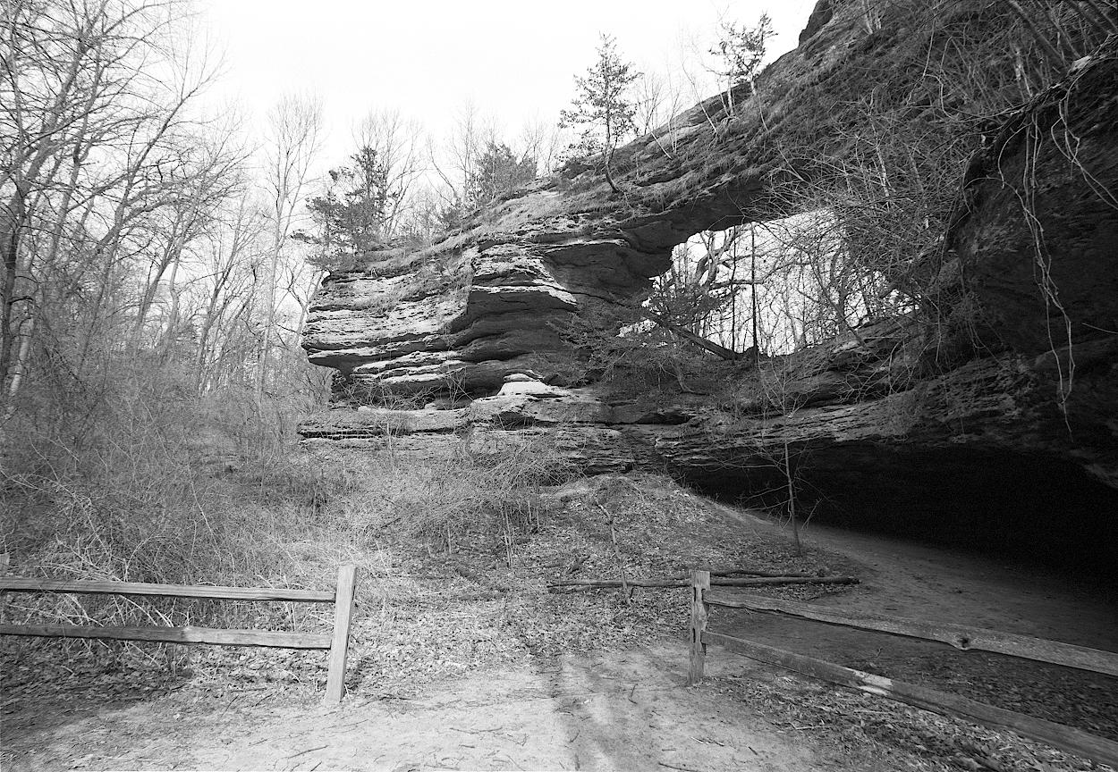 A mixture of paths beneath a rocky overhang