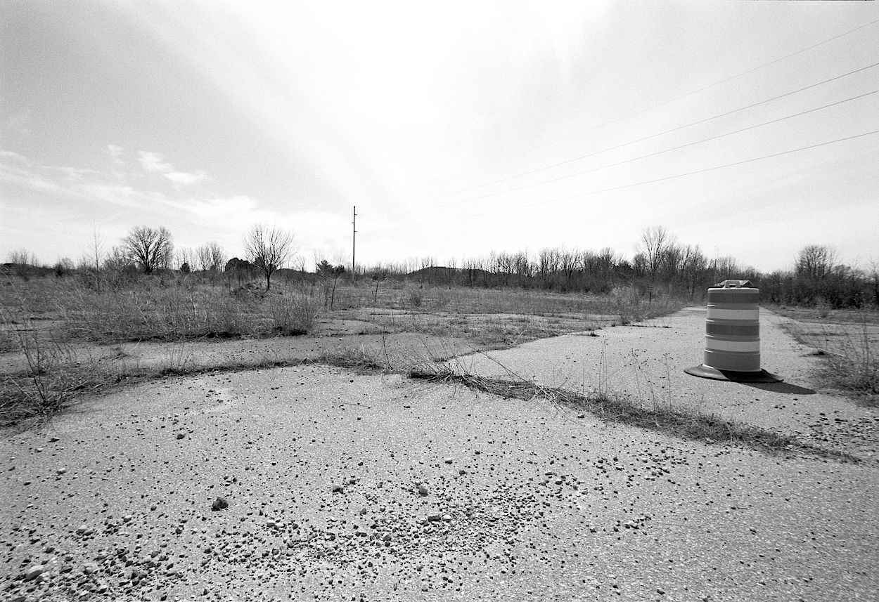 A forgotten construction pylon atop an abandoned road.